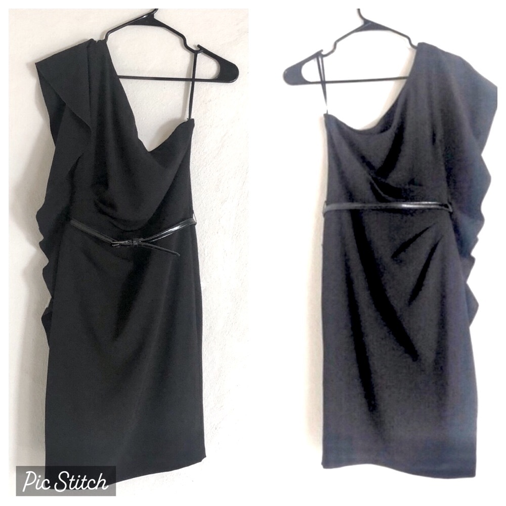 White House Black Market black One Shoulder Side Ruffle Cocktail Dress Size 2